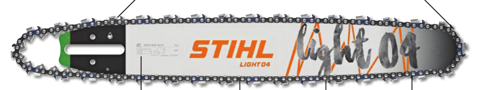 STIHL guide bar showing the markings near the mounting slot at its rear