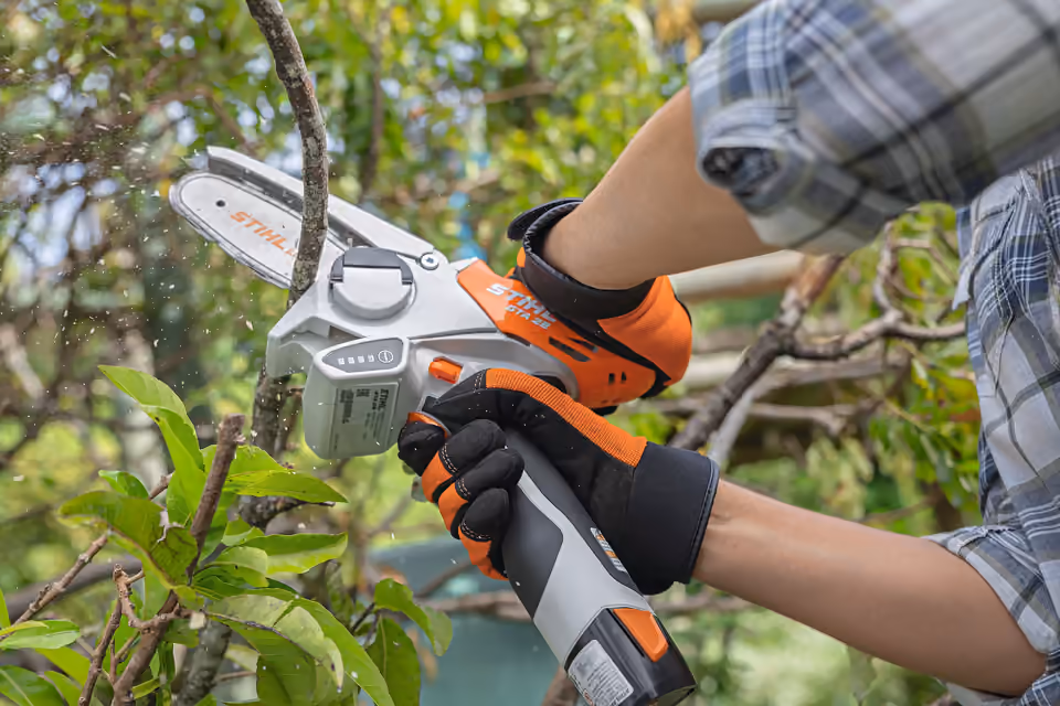 STIHL GTA 26 garden pruner cutting a branch