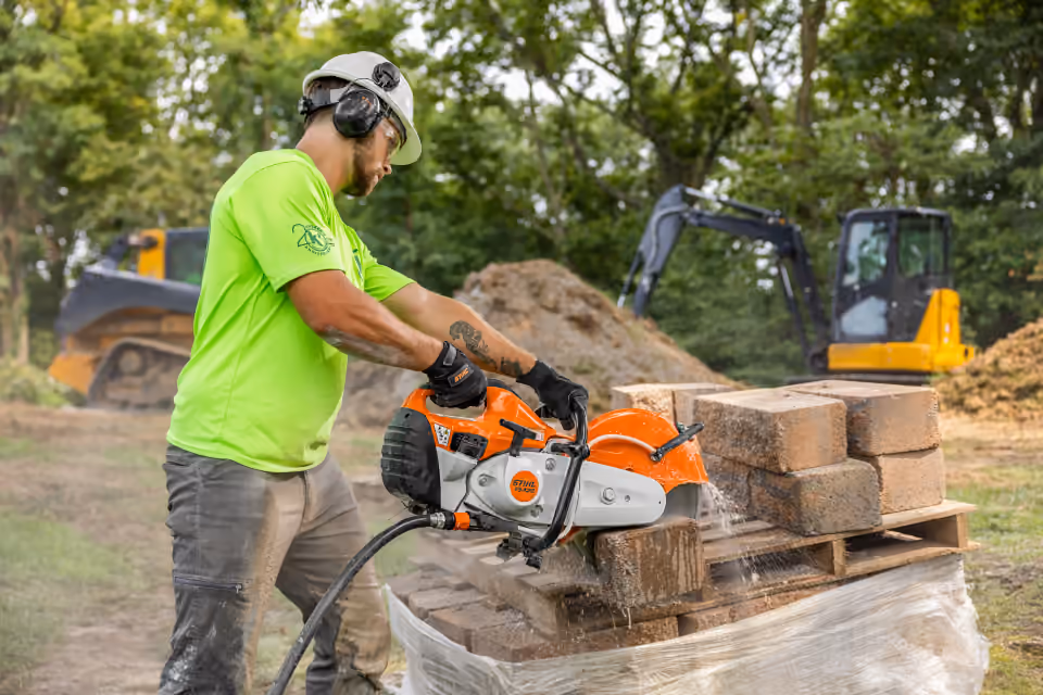 STIHL cut-off machine cutting masonry on a jobsite